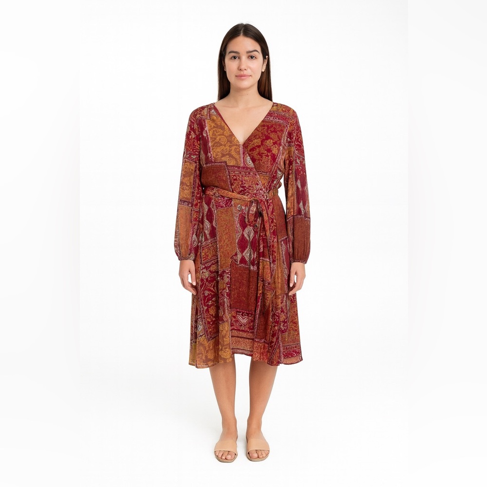 Leslie Fay Midi Faux Wrap Dress Womens Size 6 Wine Patchwork Career Office